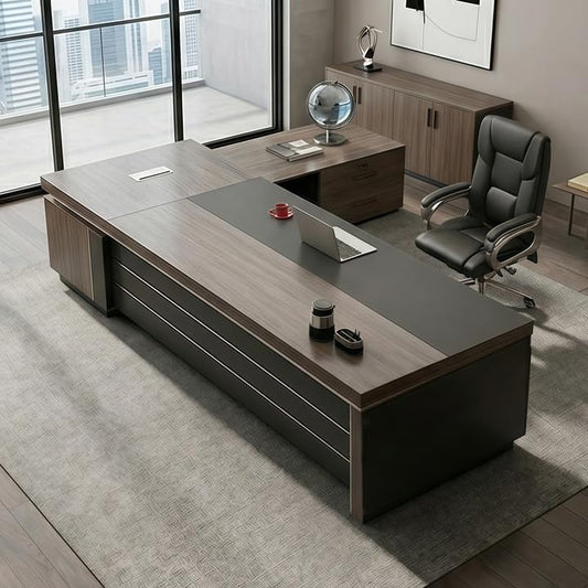 L-Shape Modern Executive Desk, L-Shape Office Executive Desk Without Chair, Manufactured Wood Computer with Drawers and Storage, Management Working Table (Brown-Right, 87" L x 63" W x 30" H) by RATRUP