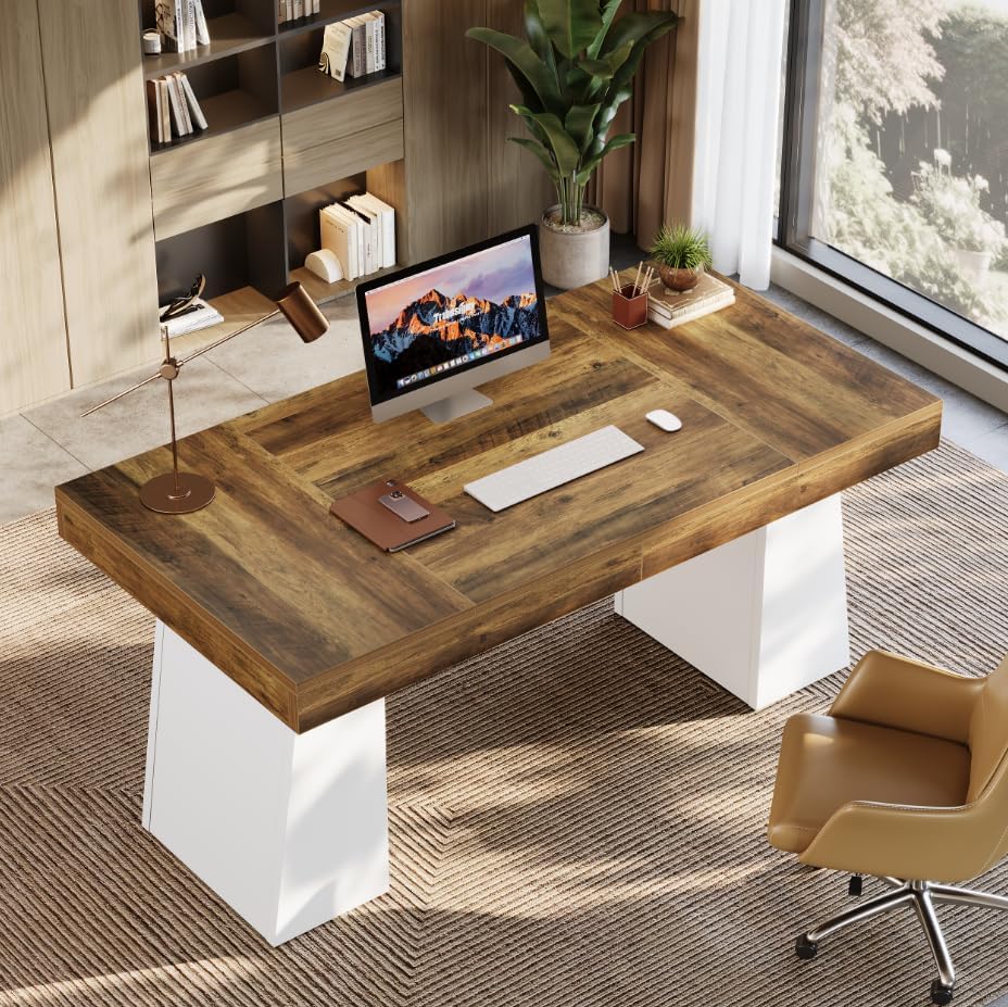 Tribesigns 55-Inch Executive Desk, Large Wood Office Computer Desk with Double Pedestal, Modern Minimalist Workstations Writing Table Conference Table Furniture for Home Office, Brown&White - Image 2